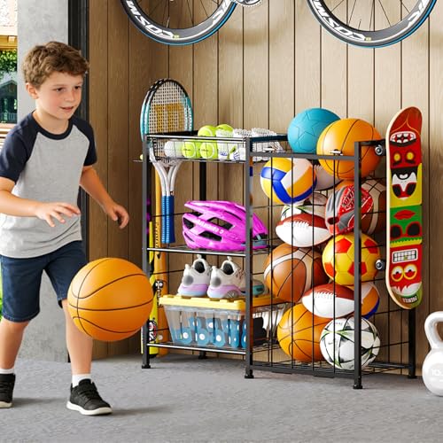 Sports Equipment Organizer with Elastic Straps and Removable Basket