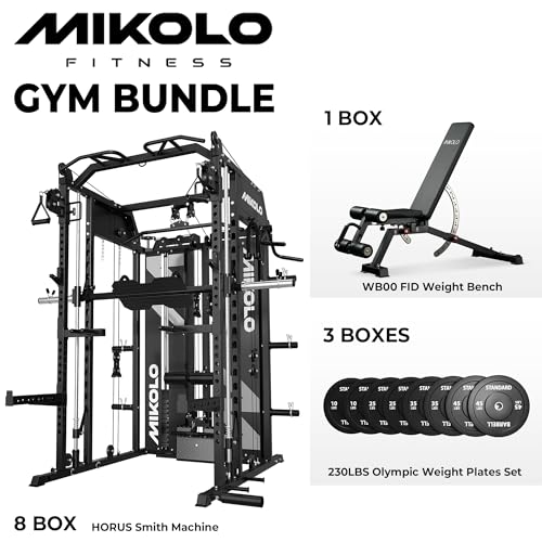 Smith Machine Power Cage Home Gym System with LAT Pulldown & Cable Crossover - Black / HORUS Set (With Bench & 230lb Plates)