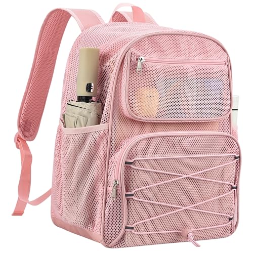 Paxiland Pink 27L Mesh Backpack Heavy Duty See-Through Beach Bag
