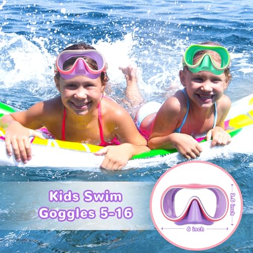 Keary Kids Swim Goggles with Nose Cover - Wide-View Mask, Pink (Clear Lenses), 5-16