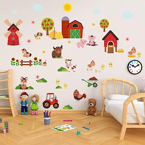 PLIGREAT Cute Farm Animals Wall Stickers - 2 Sheets, Nursery & Bedroom Decor, Farm Theme Decals