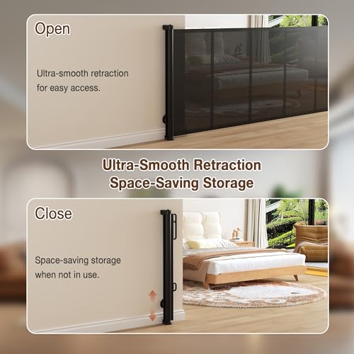 Upgraded 59'' Wide Retractable Baby Gates for Stairs with Reinforced Strip, Mesh Saftey Gate for Pets, Prevent Crawling Dog Gate fot Doorways, No Drilling, Indoor & Outdoor Use, 34'' Tall