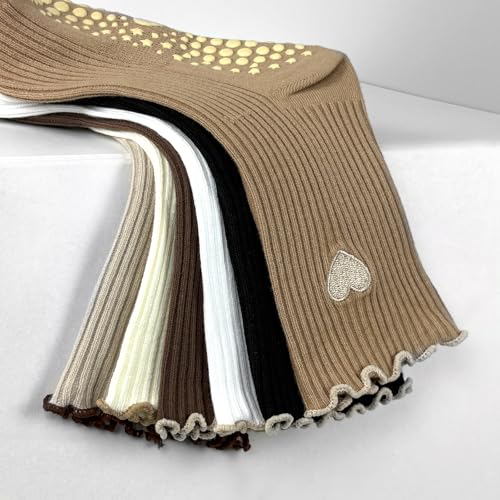 Cute Pilates Grip Socks for Women - Ruffle Non-Slip Barre Socks - Milk Tea Heart
