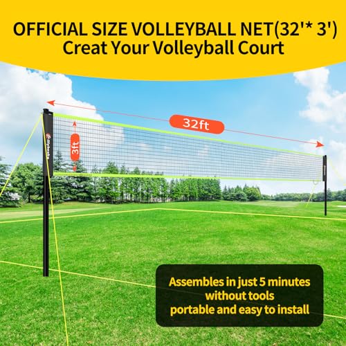 Portable Volleyball Net Set 32FT - Adjustable Height, Carry Bag, Black & Green