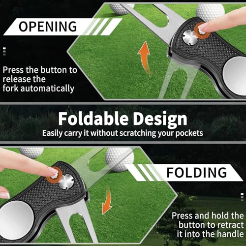 Foldable Golf Divot Repair Tool with Magnetic Ball Marker - Black