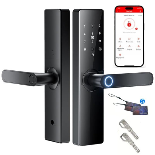 Smart Electronic Door Lock with Fingerprint Biometric, App Control, Smart Card, Password, Key Access & USB Emergency Charge - Metal Wi-Fi Enabled Touchscreen Keypad, AA Battery Powered