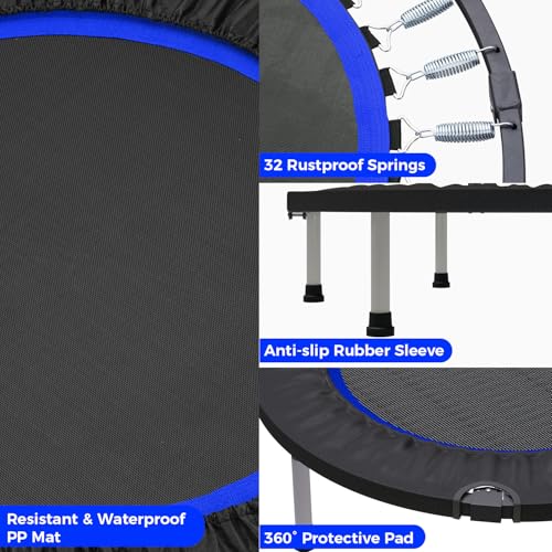 40" Mini Trampoline for Adults & Kids - Blue - Rebounder with Bar
