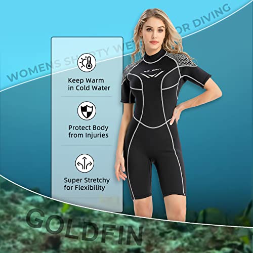 GoldFin Women Shorty Wetsuit 3mm Neoprene Back Zip - Black, Medium