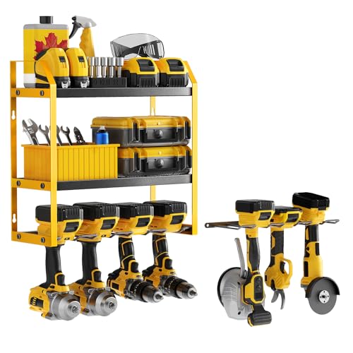 Power Tool Organizer Wall Mount with Extra Drill Holder, Yellow & Black Garage Storage Combo with Battery Storage, 4 Drill Slots Total, Heavy Duty Steel Tool Rack for Workshop Garage