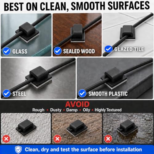 Adhesive Cable Clips - 50 Pack Wire Organizer & Cord Holder - Black