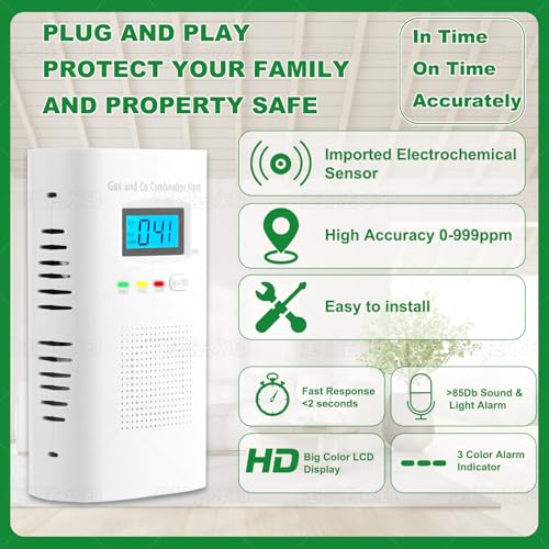 Combination Gas and Carbon Monoxide Detector Plug-in | CO Alarm & Natural Gas Combustible Detector | Digital Display, Battery Backup, Easy Install | for Home Kitchen Safety Monitoring 1-Pack