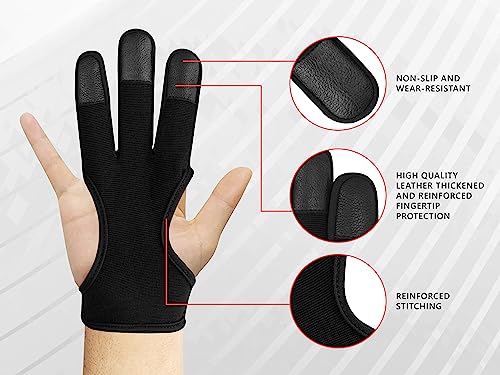 Genuine Leather 3 Finger Archery Glove - Black 4-Way Stretch Fabric, Medium