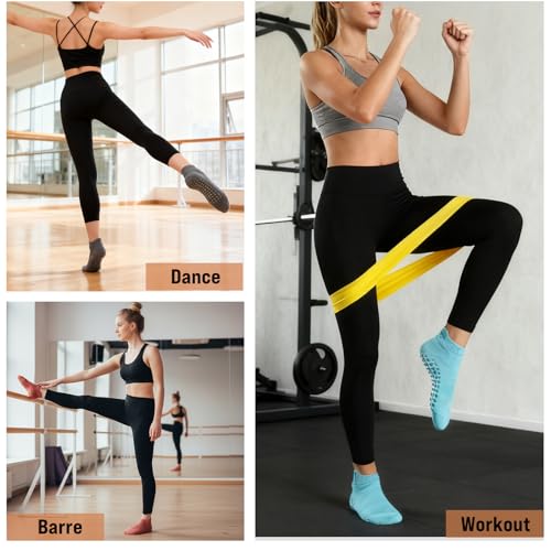 Pilates Socks with Grips - 6 Pairs Non-Slip Gym Socks - Black, Light Gray, Dark Gray, Blue, Pink, Purple - Medium