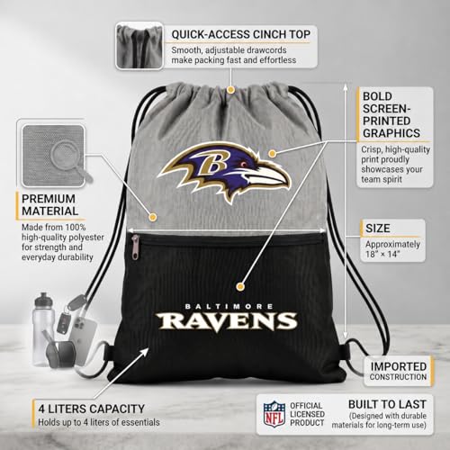 Baltimore Ravens Drawstring Bag with Zippered Pocket - Gym Sackpack