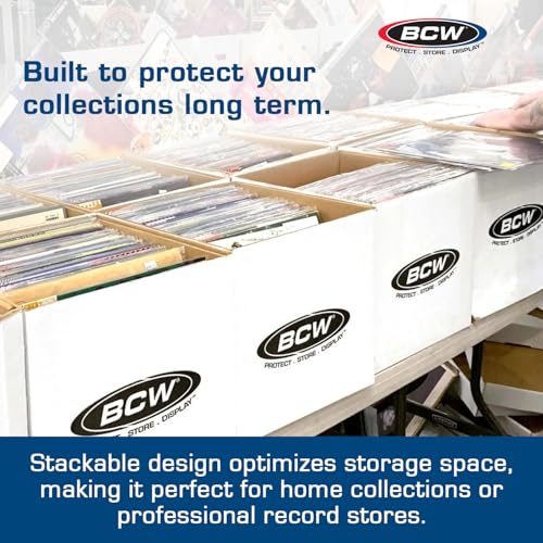 BCW Vinyl Record Storage Boxes 3 Pack – Holds 65 LPs Each, Stackable with Handles