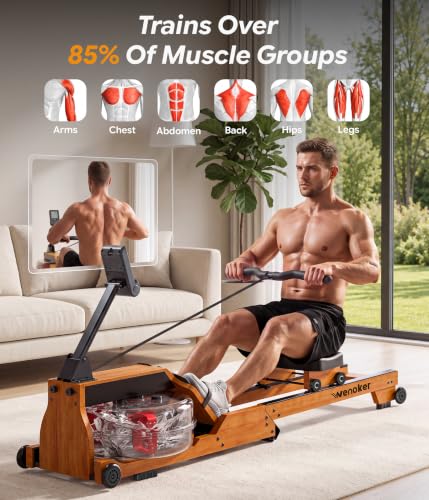 Water Rowing Machine for Home Use - Wooden Foldable Rower with Monitor & Bluetooth APP - Wood Grain