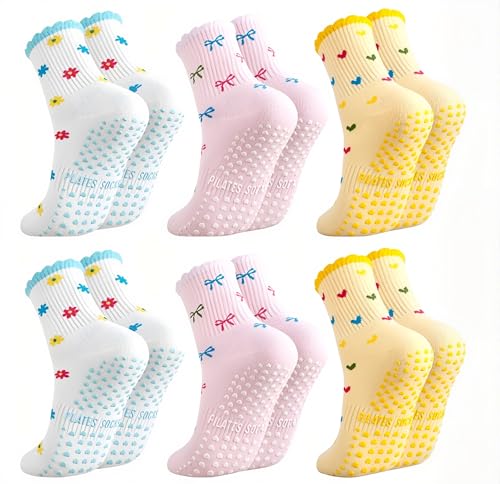 Pilates Grip Socks for Women - Non-Slip Cotton Yoga Socks - 6 Pairs Pink+Blue+Yellow