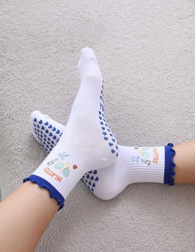 Women's Non-Slip Pilates Socks with Ruffle Cuff & Embroidery - Blue