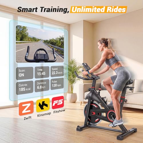 Exercise Bike with App, Adjustable Resistance & Height - Black Red