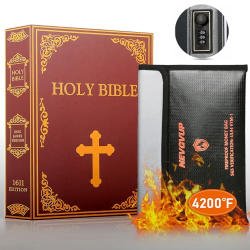 Diversion Book Safe with 4200¡ÆF Fireproof Money Bag and Combination Lock, 10.5" x 7.9" x 2.5" Fake Book Hidden Storage Safe, Hollow Secret Portable Metal Storage Box for Cash, Valuables - Easter Bible