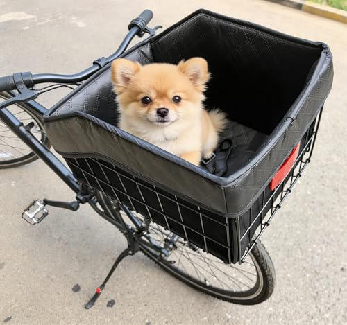 Wocaixy Large Folding Bicycle Rear Basket with Leather Liner & Waterproof Cover - Universal Fit, Heavy-Duty Metal, Supports 25kg, Includes Cargo Net & Reflective Rain Cover (Basket + Inner Bag)