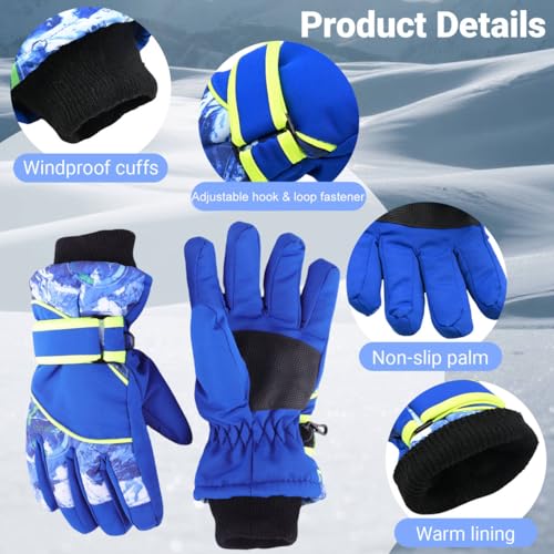 Kids Winter Snow Gloves - Windproof Cold Weather Ski Mittens, Blue, 4-7 Years