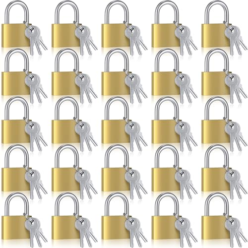 24 Pcs Solid Brass Keyed Padlock, Small Yellow Gym Lock, Strong Padlock with Same Key for Luggage Toolbox (30mm 1-3/16'')