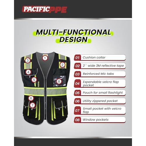 PACIFIC 10 Pockets Class 1 Safety Vest for Men, 3M High Visibility Reflective Strips, Meets ANSI/ISEA Standard, Black, X-Large