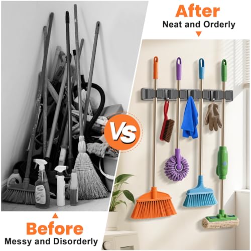 Broom Holder Wall Mount, Mop and Broom Hanger Wall Mount for Organizing and Storing Items in Household Kitchens, Gardens, Laundries (4 Racks & 3 Hooks, Grey)