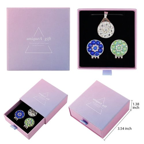 GOLTERS Golf Crystal Ball Marker Charm Necklace Pendant Hat Clip Gradient Color Gift Box Great Gift For Women Golfer (White/Dark Blue/Green necklace)