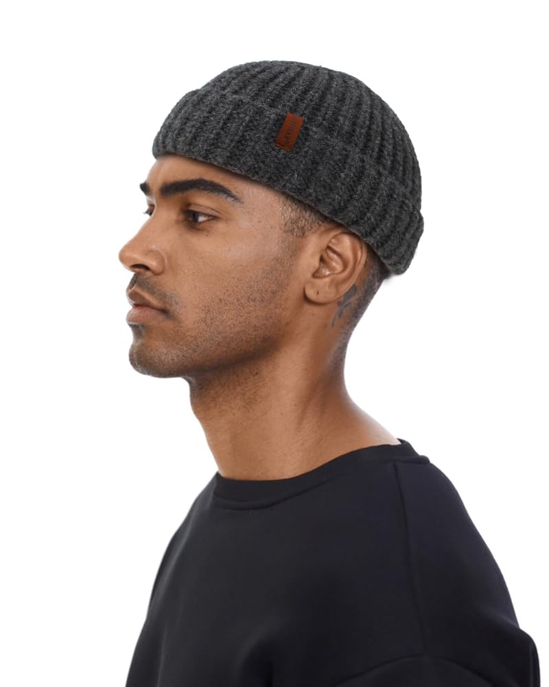 KNITDAY Chunky Wool Fisherman Short Beanie Hats Skull Cap for Men, Mens Thick Skater Streetwear Fishermans Beanie Warm Winter Knit Daily Hat (Dark Grey)