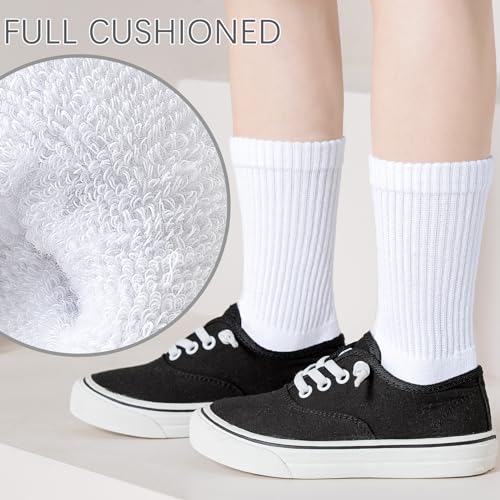 Kids Crew Socks 6 Pairs | Cushioned Athletic & Dress Socks for Boys & Girls, White, Large