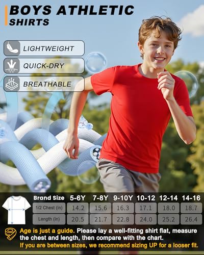 Boys Athletic Dry Fit Neon T-Shirt - Short Sleeve, 10-12 Years, Red
