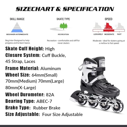 METROLLER Adjustable Inline Skates for Kids & Adults, Black, Size Large (4-7 US)
