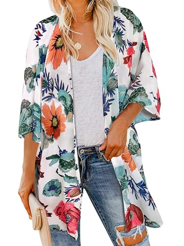 CHICGAL Women's XL Daisy White Flower Kimono Swimsuit Coverup for Summer Beach Swimwear
