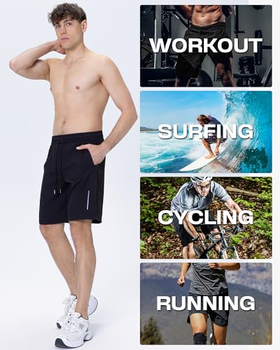 JWJ Mens Athletic Gym Shorts 3 Pack - Large Black / Dark Grey / Army, Quick Dry with Zipper Pockets