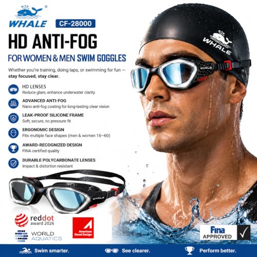 Whale Black Swim Goggles – HD Anti-Fog, UV Protection, Wide-Angle View, Unisex