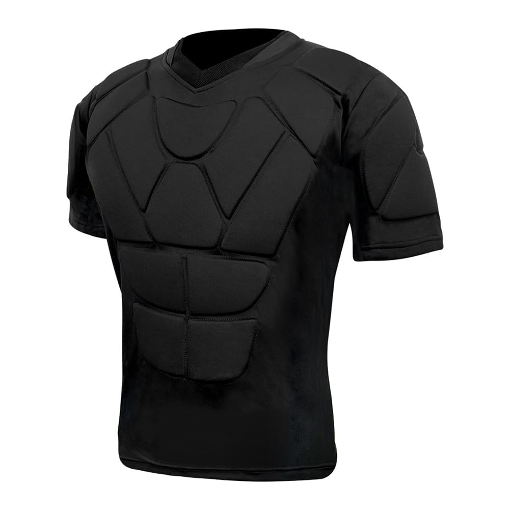 Jellybro Mens Padded Football Shirts 37-Pads Womens Protective Compression Shirt for Soccer Rugby Volleyball Ball (Black, Small)