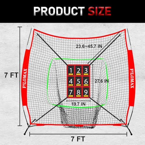 FILOMAX 7x7 ft Baseball & Softball Practice Net with 9-Strike Zone Target - Red, Portable Bow Frame