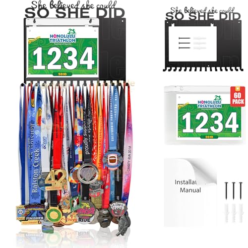 Race Medal Holder Wall Hanger - She Believed She Could - 60 Bib Bags / Black