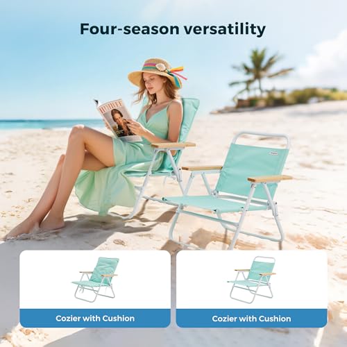SunnyFeel Green Foldable Beach Chair with Wood Armrest & Cushion - Lightweight Camping & Outdoor Seat