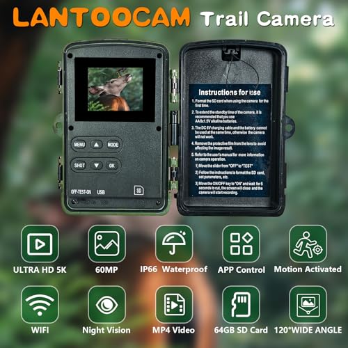 LANTOOCAM 5K Trail Camera with 60MP Photos, 64GB SD Card & WiFi
