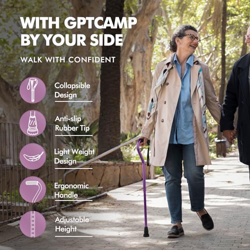 GPTCAMP Offset Folding Walking Cane for Men & Women - Purple, 31.5-36.4 in, 0.7 lb