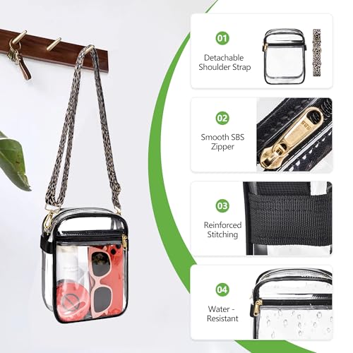 Clear Stadium Bag with Leopard Strap - 8.5x6.8x3 Inches