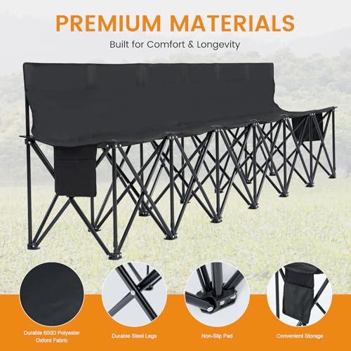 Folding Soccer Bench - 6 Seat Portable Team Bench with Backrest - Black