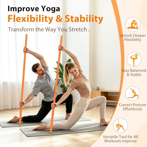 58" Steel Yoga Stick - Adjustable Exercise Bar for Mobility, Flexibility & Balance - Orange