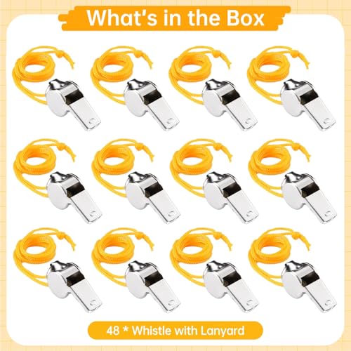 Bulk 48 Waterproof Stainless Steel Whistles with Lanyards