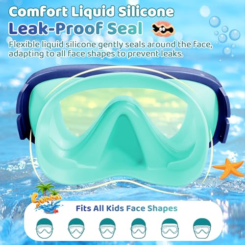 Kids Swim Goggles with Nose Cover Mirrored Green - No Leak, Adjustable, UV Protection, 3-14 Years
