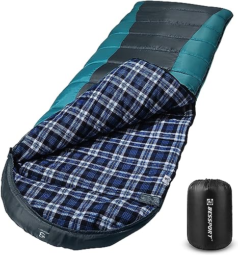 Bessport Flannel-Lined Winter Sleeping Bag - Grey & Blue -5℃, 3-4 Season Lightweight Waterproof Camping Gear