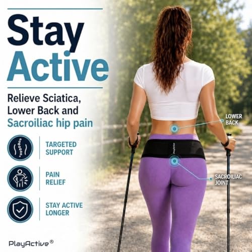 PlayActive Sacroiliac SI Joint Hip Belt - Regular Black, Support for Sciatica & Lower Back Pain